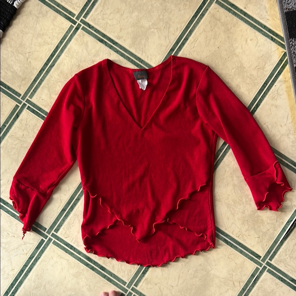 Red V-Neck Crop Top with jagged bottom and 3/4 length jagged sleeves